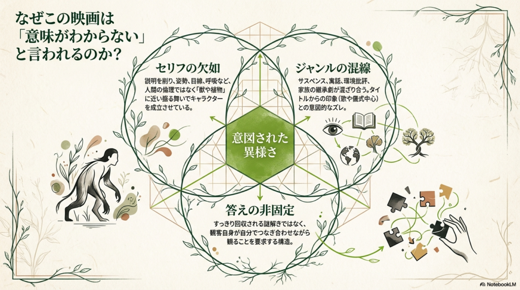 「セリフの欠如」「ジャンルの混線」「答えの非固定」の3つの要素が重なり、意図された異様さが作られていることを示すベン図。