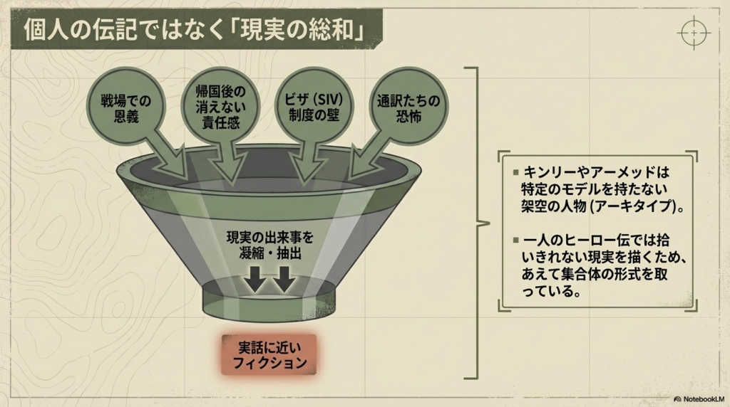 キンリーやアーメッドは特定のモデルを持たない架空の人物(アーキタイプ)であり、実話に近い要素とフィクションを掛け合わせて普遍的な真実を描いていることを示す図解。