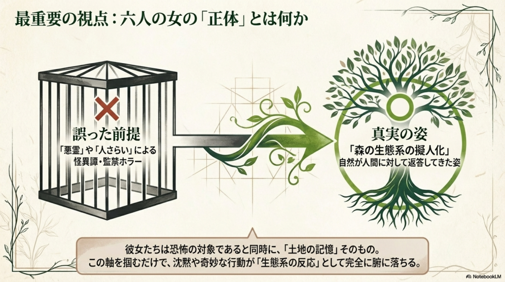 彼女たちを「悪霊」とするのは誤った前提であり、真実は「森の生態系の擬人化」および「土地の記憶」そのものであると解説するスライド。