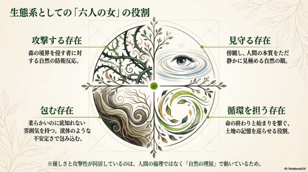 棘のある植物や流体のイラスト。六人の女を「攻撃」「見守る」「包む」「循環」の4つの役割に分類し、自然の理屈で動いていることを示す図解。