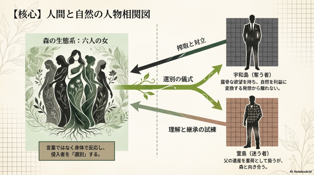 森の生態系(六人の女)が中央に位置し、自然を搾取する宇和島と、迷いながら向き合う萱島を対比させた人物相関図。