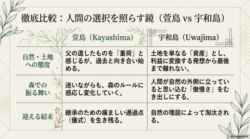 萱島と宇和島の、自然への態度、振る舞い、結末を比較した表。萱島は「継承」へ、宇和島は「淘汰」へ向かう様子を整理。