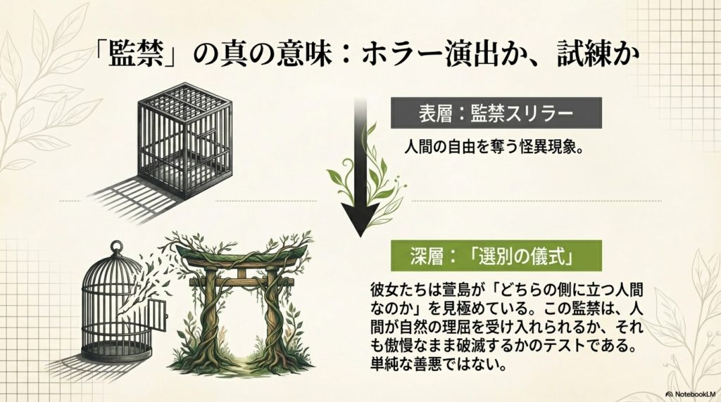 檻と鳥籠、そして鳥居のイラスト。監禁の深層には、人間が自然の理屈を受け入れられるかを試す「選別の儀式」という意味があることを説明。