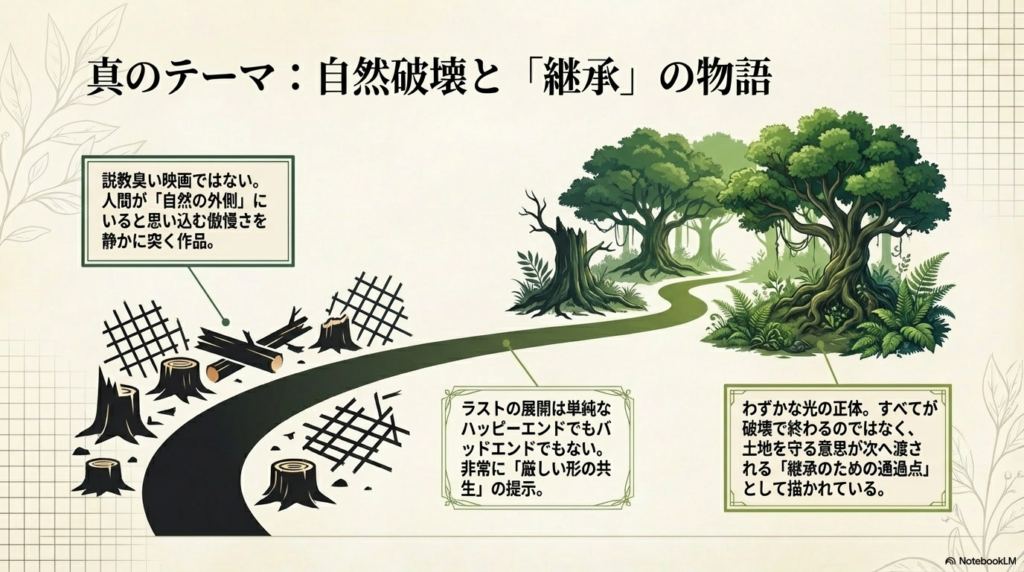 厳しい共生と継承をテーマとして挙げ、ラストシーンの展開が単純な結末ではなく、土地を守る意思のバトンタッチであることを解説するスライド。